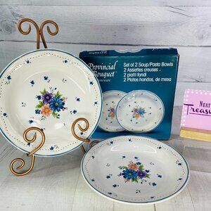 80's JMP Marketing PROVINCIAL BOUQUET Flowers Stoneware Soup Pasta Bowls Set 2